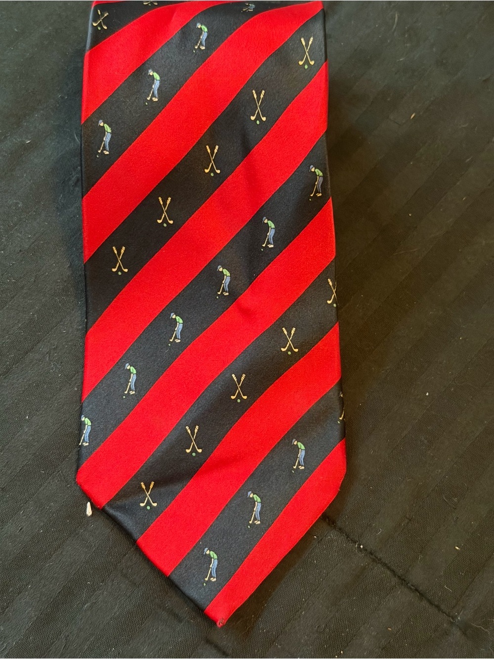 Men's Red and Black Golf Motif Striped Tie